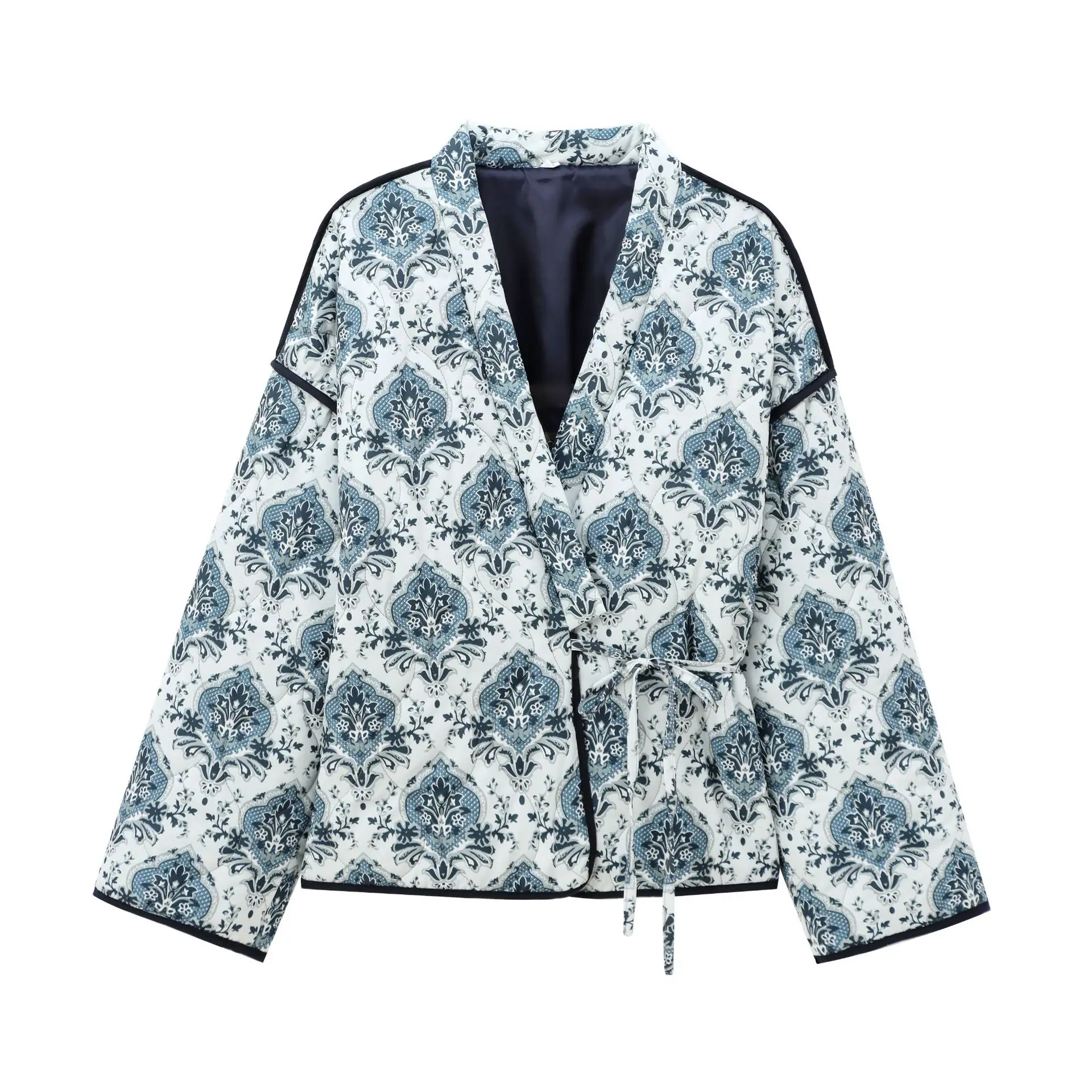 Casual and Fashionable Commuting Printed Lace Up Long Sleeved Cotton Jacket