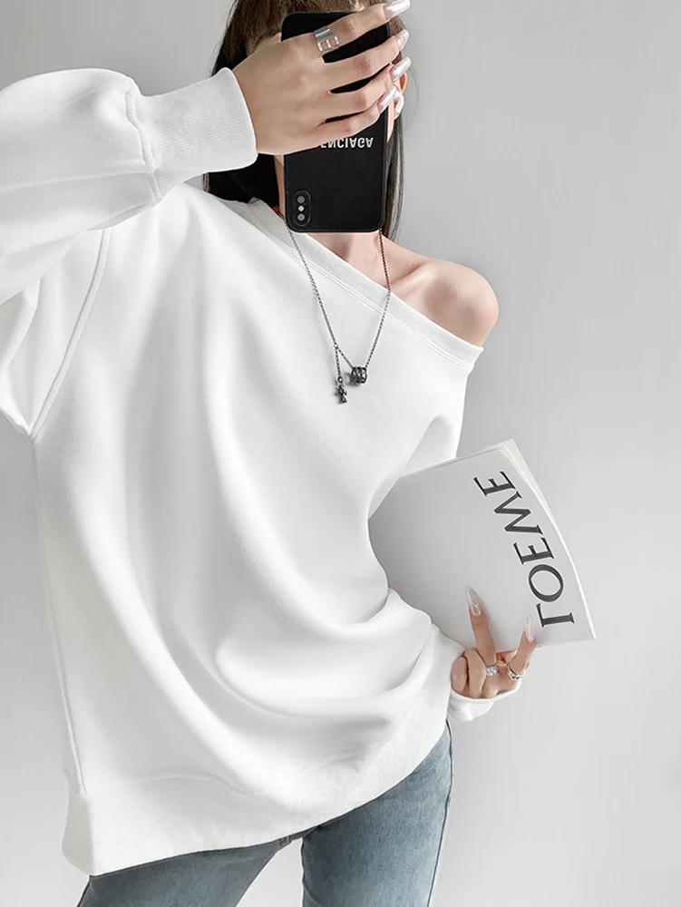 ملابس حريمي كاجوال كورية بلون سادة بدون أكتاف وأكمام طويلة بلوزات خريف وشتاء كل مباراة فضفاضة تي شيرت نسائي