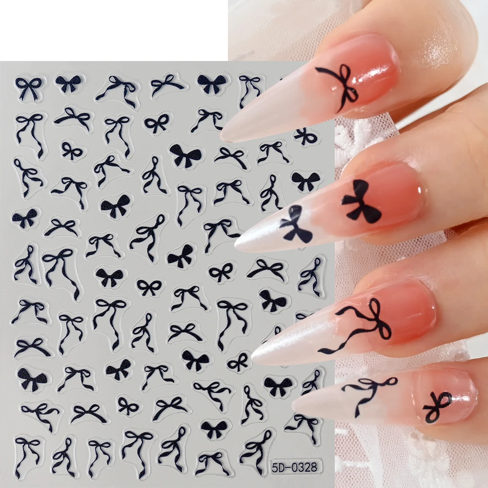 5D White Pink Bow Tie Nail Sticker Mini Bowknot Self Adhesive Nail Art Decoration Sticker Lace Ribbons Manicure Sliders Decals &