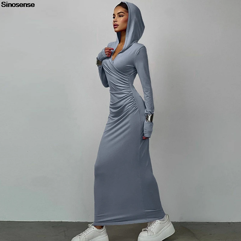 Robe moulante froncée à col rond pour femme, robe maxi à capuche, pull sexy, coupe couvertes, vêtements de sport décontractés, automne, hiver, 03/Wear