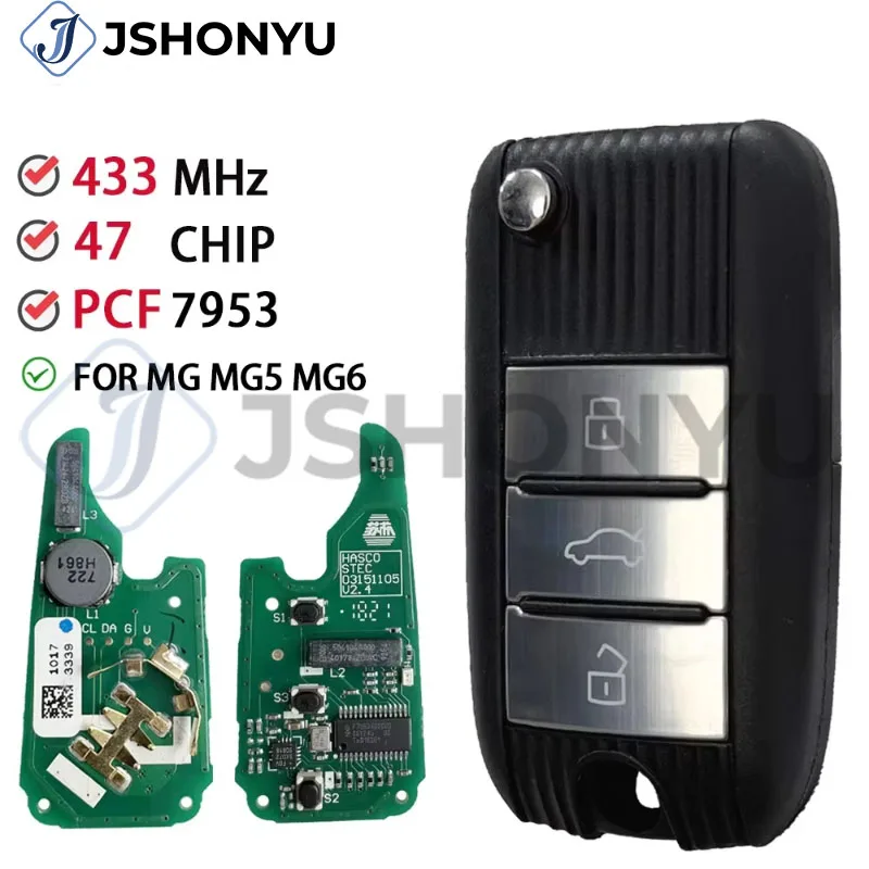 

JsHonYu 433MHz ID47 Chip Smart Remote Key for MG MG5 MG6 ZS HS Morris Garage 2017-2019 PCF7953X 3 Button Keyless Go Fob