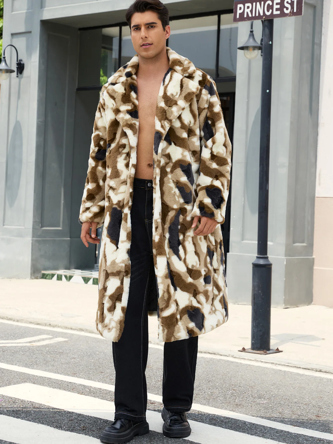 Men's Camouflage Printed Colorblock Faux Fur Coat Warm Autumn Winter Rabbit Fur Jacket