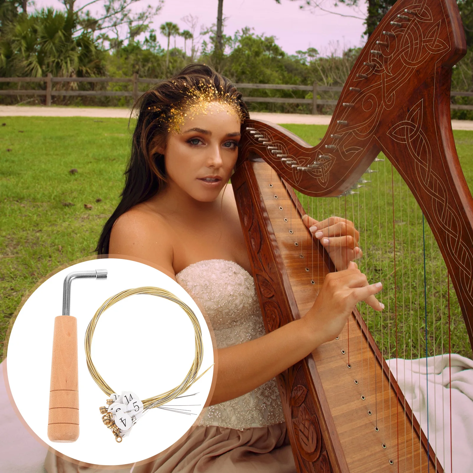 

1Set Lyre Strings Metal Harp String Replacement Set with Tuning Wrench Musical Instrument Parts Lyre Strings String Supply