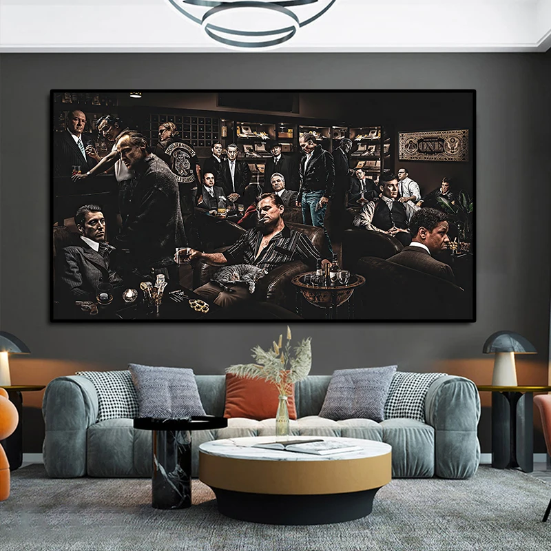 

Movie Godfather Star Posters Prints The Gangsters Cigar Club Party Group Photo Canvas Print Painting for Living Room Home Decor