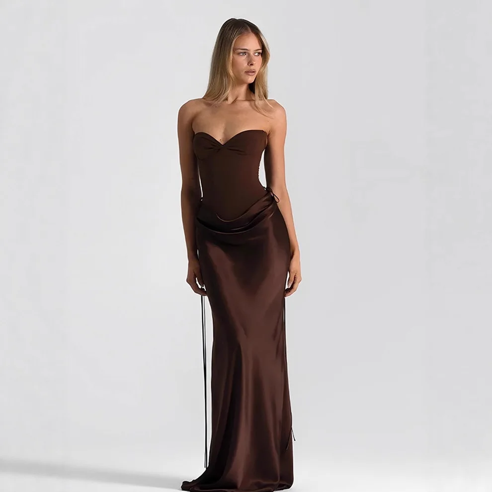 Women Sexy Pleated Strapless Maxi Dress Chic Sleeveless Cinched-waist Lace Up Slim Dresses Fashion Lady Evening Party Vestidos