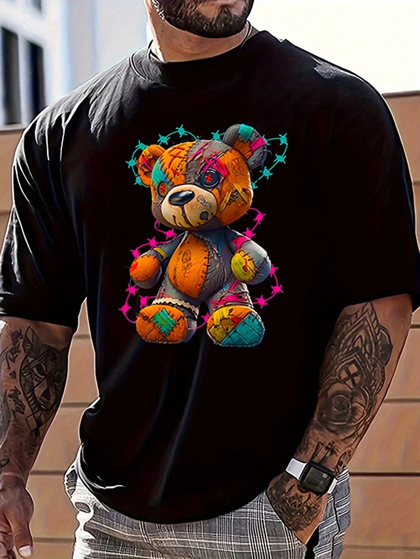 Men's Summer 100 Cotton Fashionable Casual Sports Loose Large Cartoon Teddy Bear Pattern Printed Round Neck Short Sleeve T-shirt