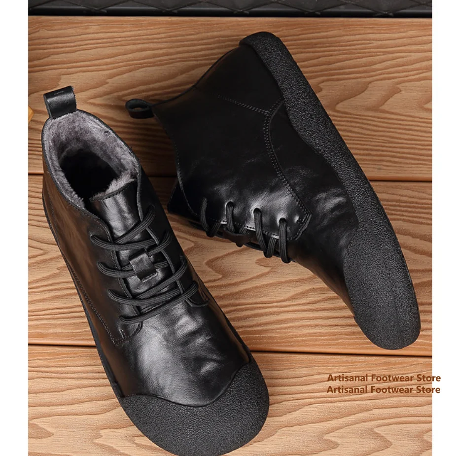 Men's Winter Fleece Lined High Top Leather Boots Lace Up Warm Ankle Boots Soft Leather Casual Leather Shoes for Cold Weather