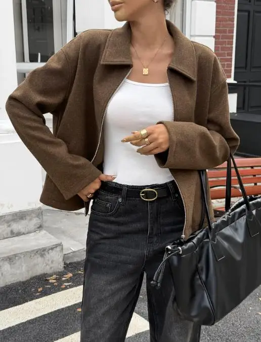 Autumn and Winter Solid Color Lapel Casual Simple Short Jacket for Women Commuting British Style Fashionable Short Jacket