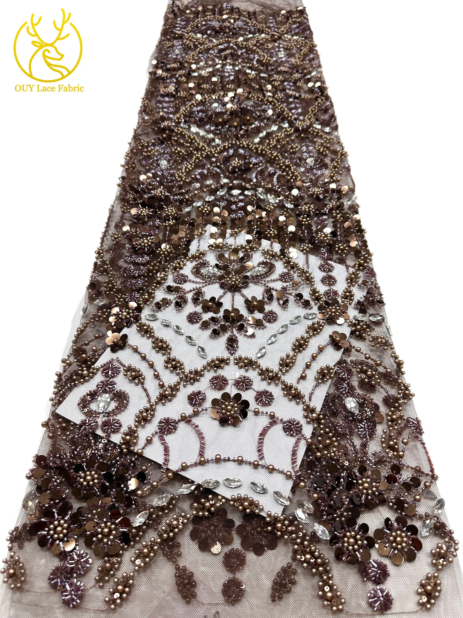 Afrikanischer Spitzenstoff in Traubenlila, französische Pailletten, bestickte Spitze, glitzernde Strass-Spitze für Brautkleider zum Nähen – Detail 25