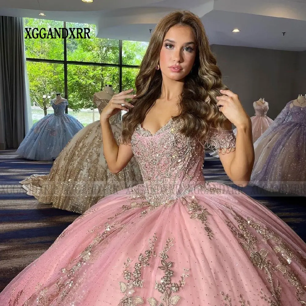 Vestido de baile rosa fora do ombro com aplique de renda, vestidos de festa, senhorita gala, quinceanera de luxo, 15 anos, 2024