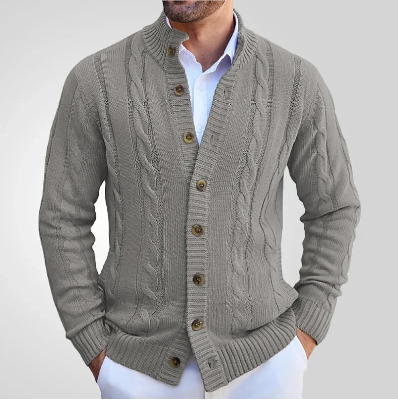 Cárdigan para hombre, suéteres con cuello levantado, abrigo tejido de manga larga con una hilera de botones, abrigos de punto abierto de punto liso, Otoño Invierno 2024