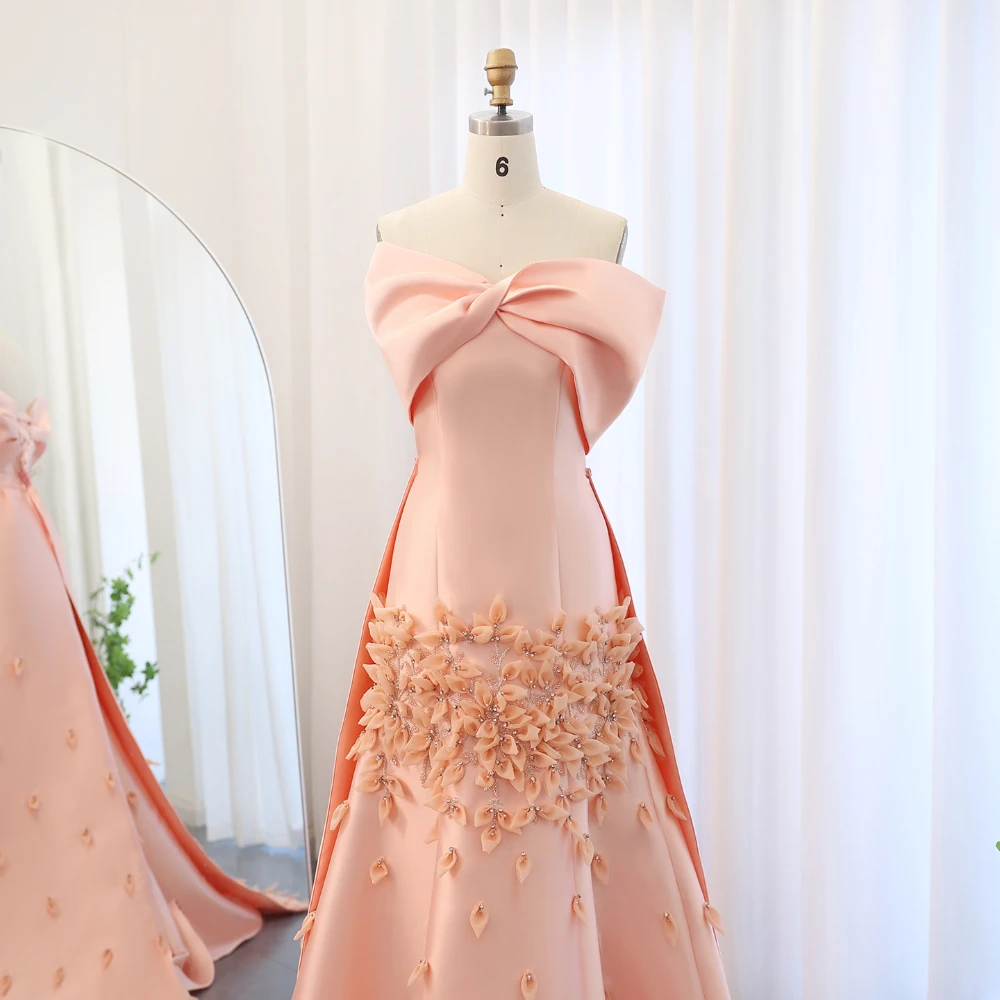 Luxury Pink 3D Flowers Satin Evening Dresses Elegant Off the Shoulder Beads A-Line Wedding Party Gowns Fashion Prom Dresses