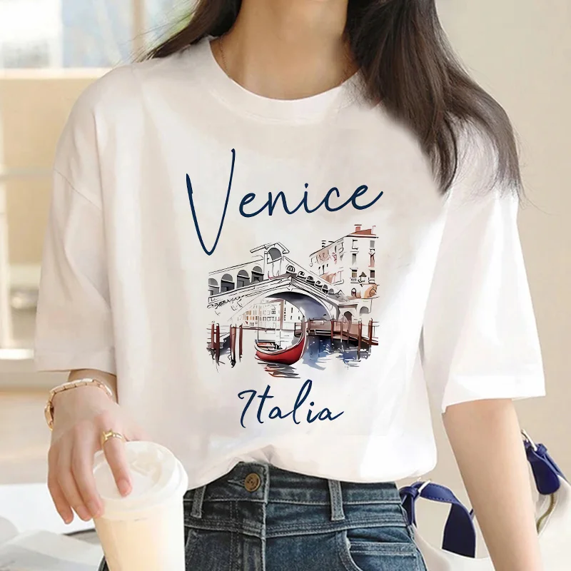 Gran oferta, camiseta con estampado de letras de Venecia Italia para mujer, camiseta informal de manga corta con estampado de letras, camiseta superior para primavera y verano