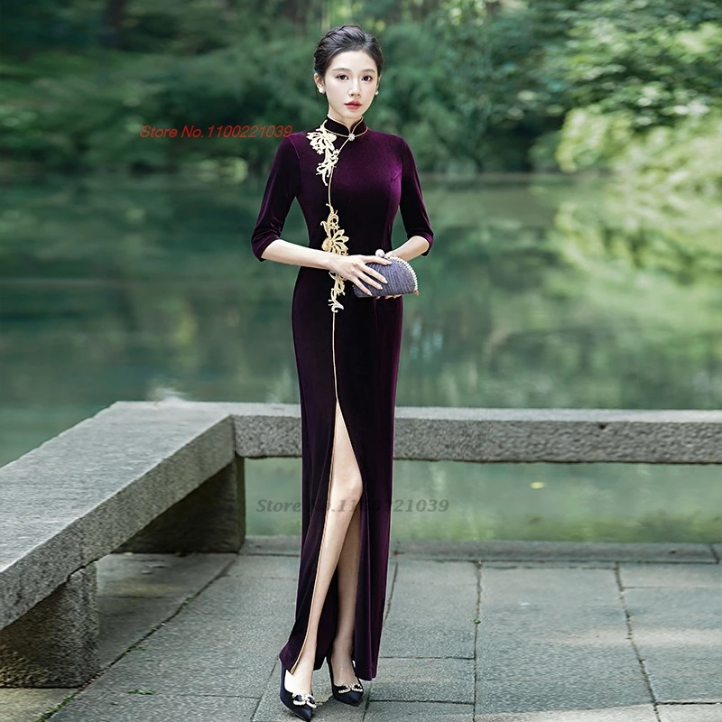 2025 fleur nationale broderie velours qipao amélioré cheongsam robe formelle rétro scène performance robe banquet robe de soirée