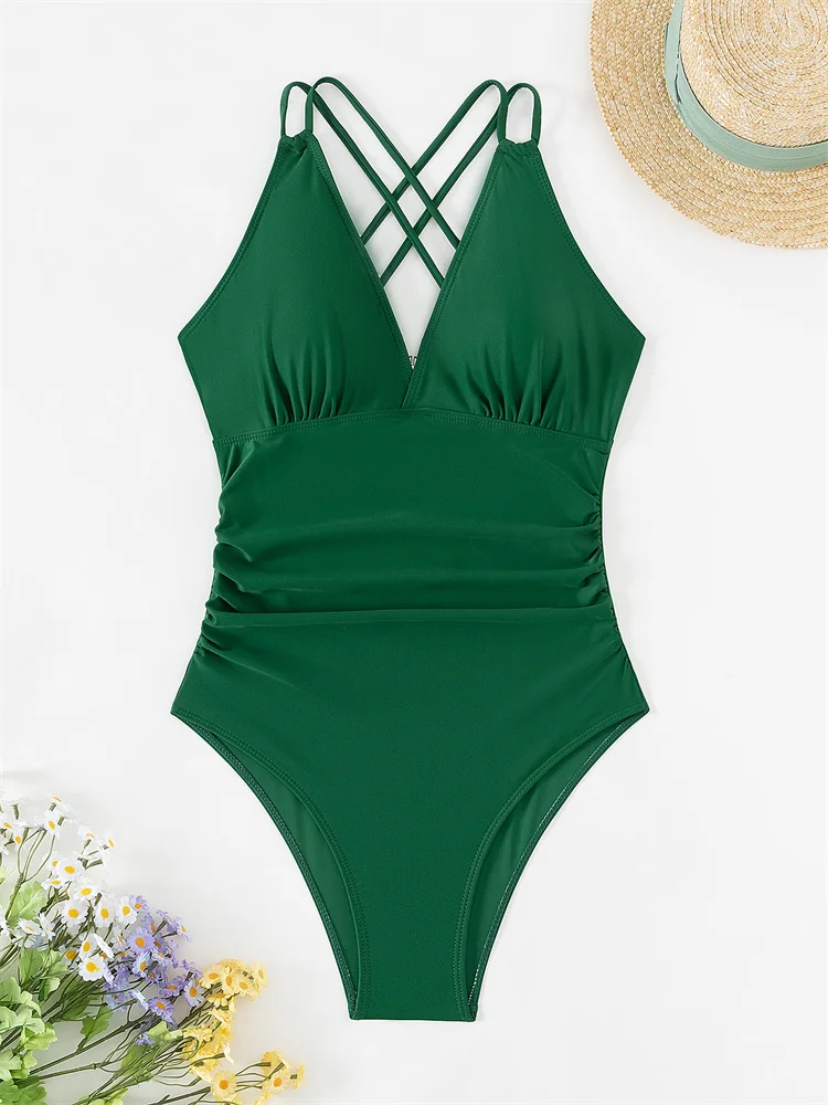 

One Piece Swimsuit 2024 New Women Solid V Neck Swimwear Sexy Sling Monokini Bathing Suit Female Summer Backless Beach Bodysuit