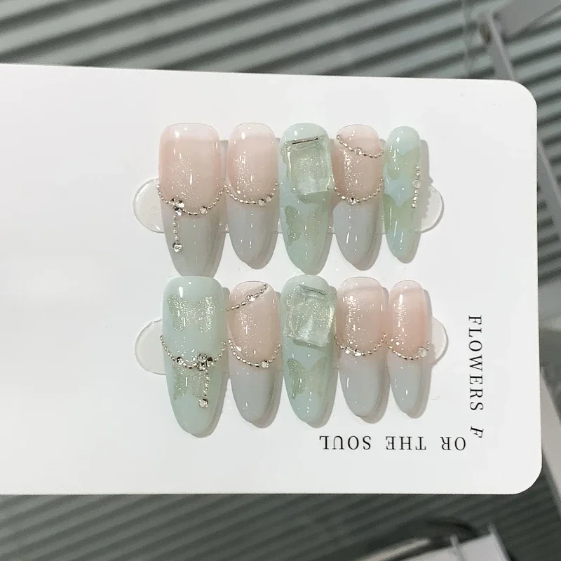 Green French Fake Nails Press Ons Chain Diamond Design False Nails with Jelly Glue Handmade Almond Acrylic Nails Sweet Nail Tips