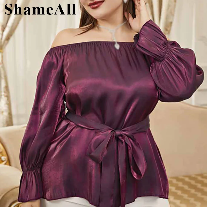 

Plus Size Women Off The Shoulder Peplum Ruffle Chiffon Blouse 4xl Elegant Women Long Flare Sleeve Belted Metallic Tunics Shirts