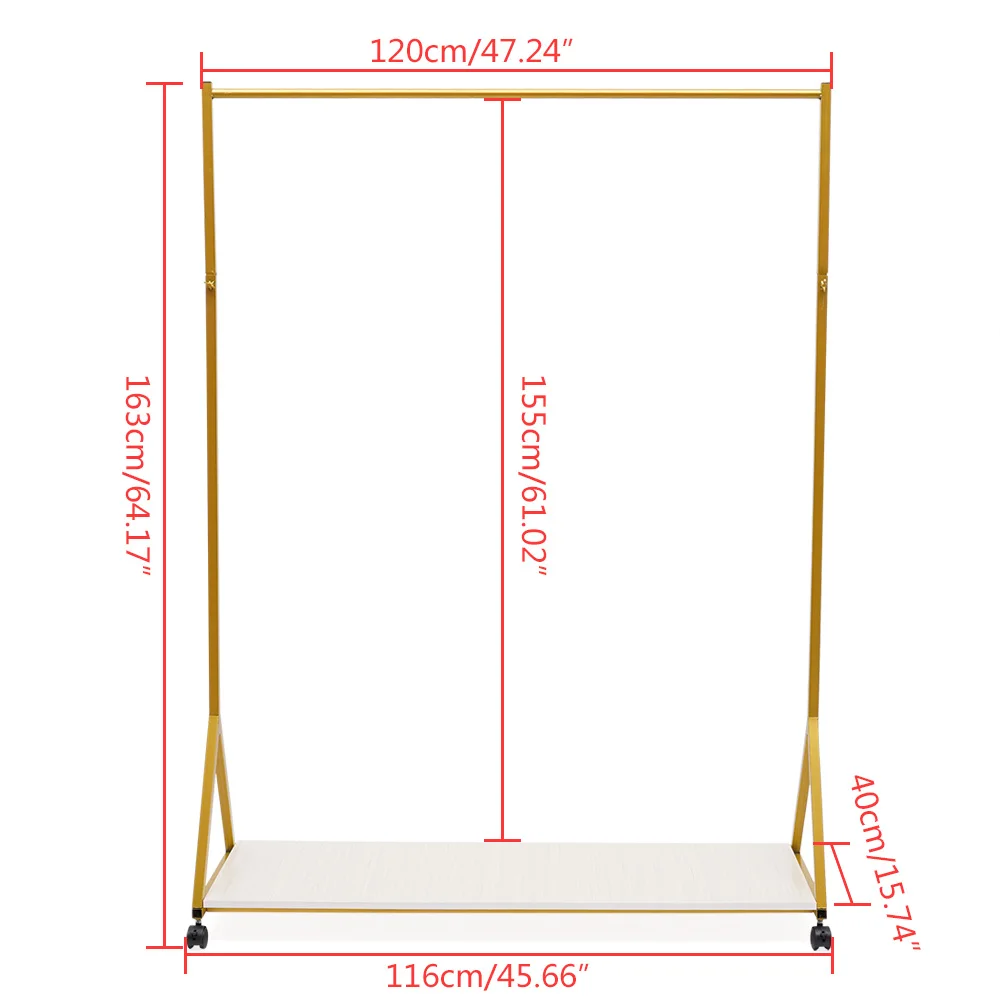 Metal Rolling Roupas Rack com Rodas, Vestido Display Stand, Gold Garment Rack, 163cm