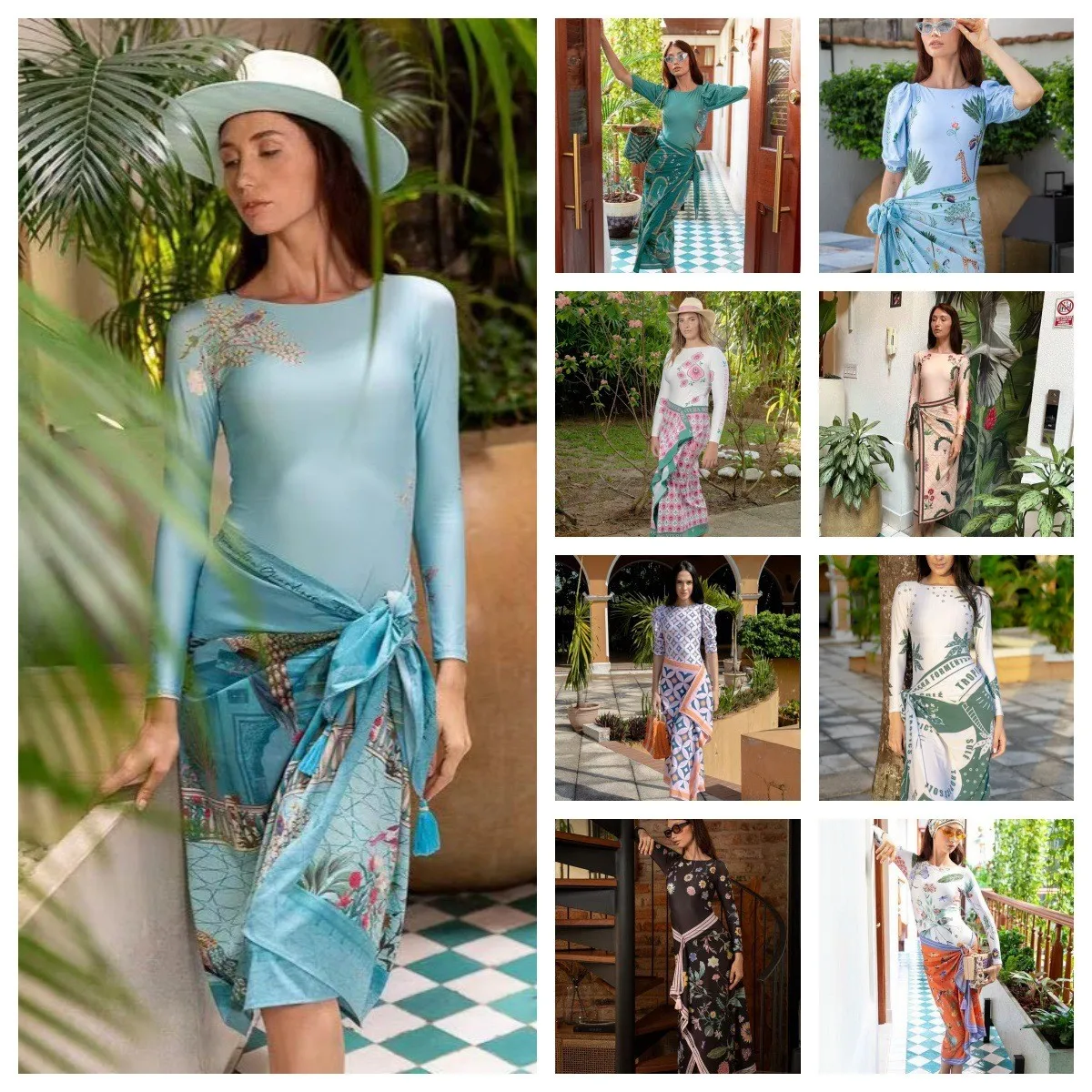 Floral Print Long Sleeve Swimsuit with Wrap Skirt, Geometric Pattern Bathing Suit in Pastel Blue, Tie Waist and Rounded Neckline