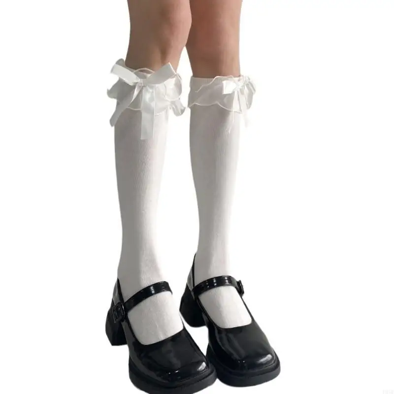 

195E Женские студенческие вязаные хлопковые носки до икры с рюшами и бантом, длинные чулки