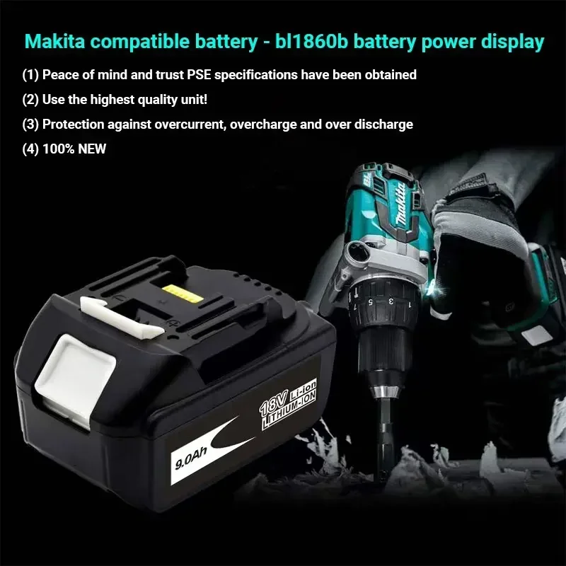 Batteria agli ioni di litio Makita Aste, 18V, 9.0Ah, con LED, per la sostituzione di utensili elettrici, batteria agli ioni di litio LXT400, BL1860,