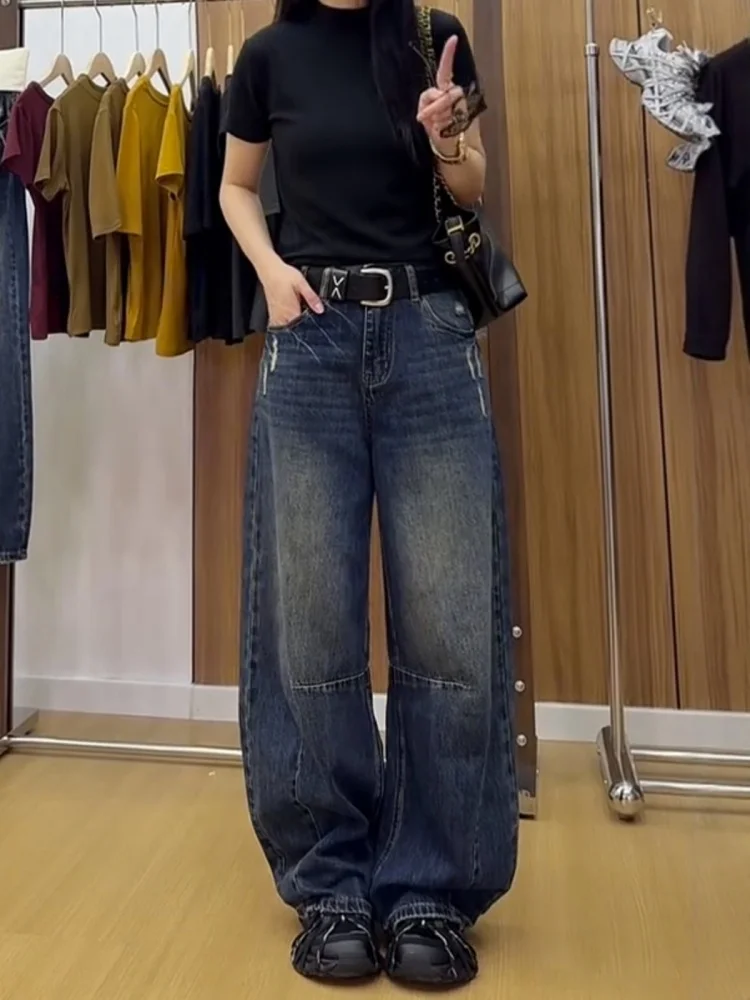 

High Waist Wide Leg Jeans Women's Retro American Style Knife Denim Pants Pear Shape Body Slimming Straight Cut Trousers