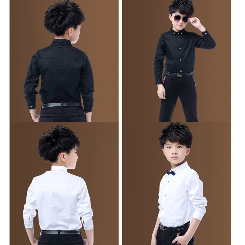 New Children Boys Shirts Cotton Solid Black&White Shirt With Tie Boys For 3-15 Years Teenage School Performing Costumes Blouse