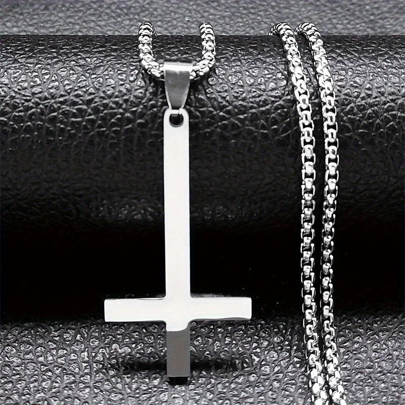 Stainless Steel Inverted Cross Witchcraft Pagan Necklace, Inverted Cross Black Chain Necklace Jewelry, Easter Gift