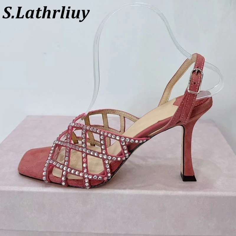 Women's square toed high-heeled sandals elegant sloping back and sparkling rhinestone mesh decoration fashionable party  shoes