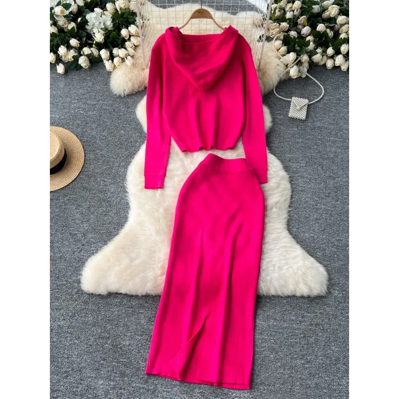 Autumn Winter Casual Skirt Suit Female Socialite Fashion Hot Drilling Hooded Zipper Cardigan Sweater Jacket Knitted Hip Skirt
