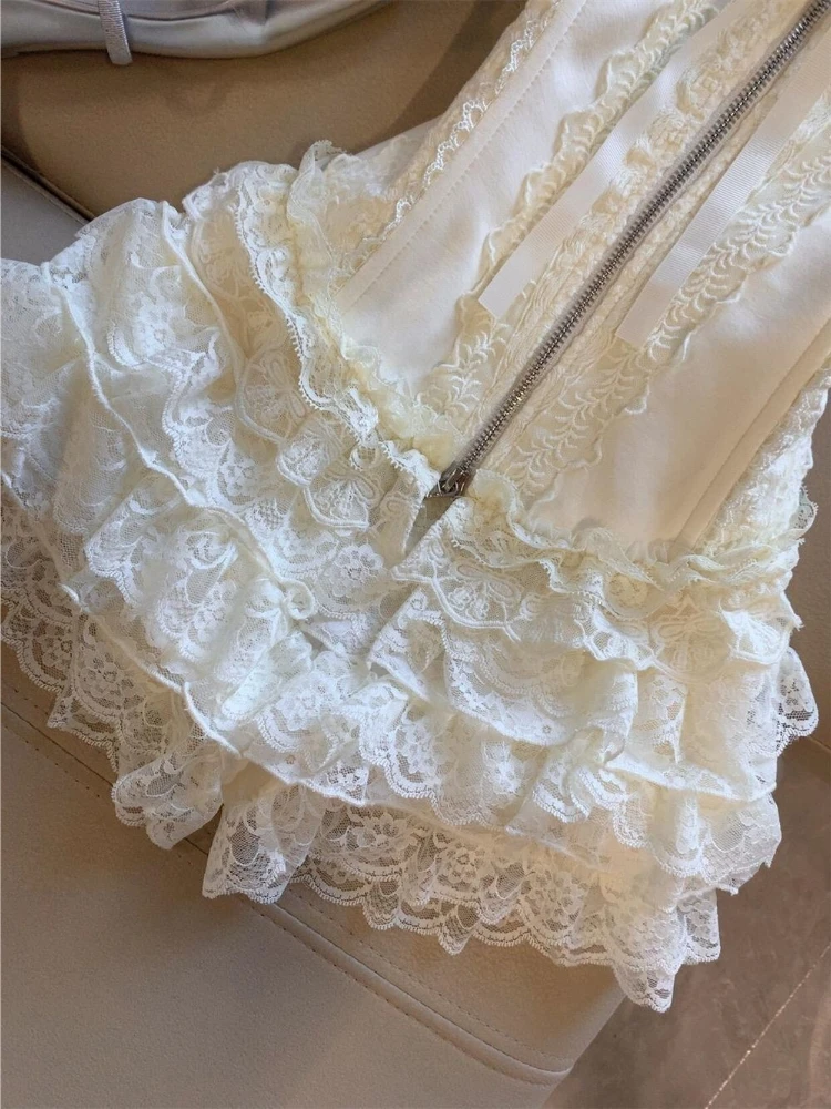 Korean Sweet Elegant 2 Piece Set Women Lace Strapless Top + High Waist Puffy Mini Tiered Skirt French Chic Birthday Party Outfit image 3