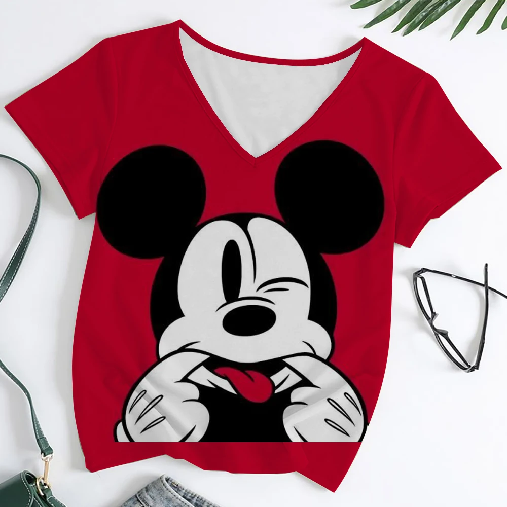 

Disney Mickey Mouse Printed Art Student T-shirt Women's Clothing Short Sleeve V-neck Art Printed T-shirt Contrast Color Design