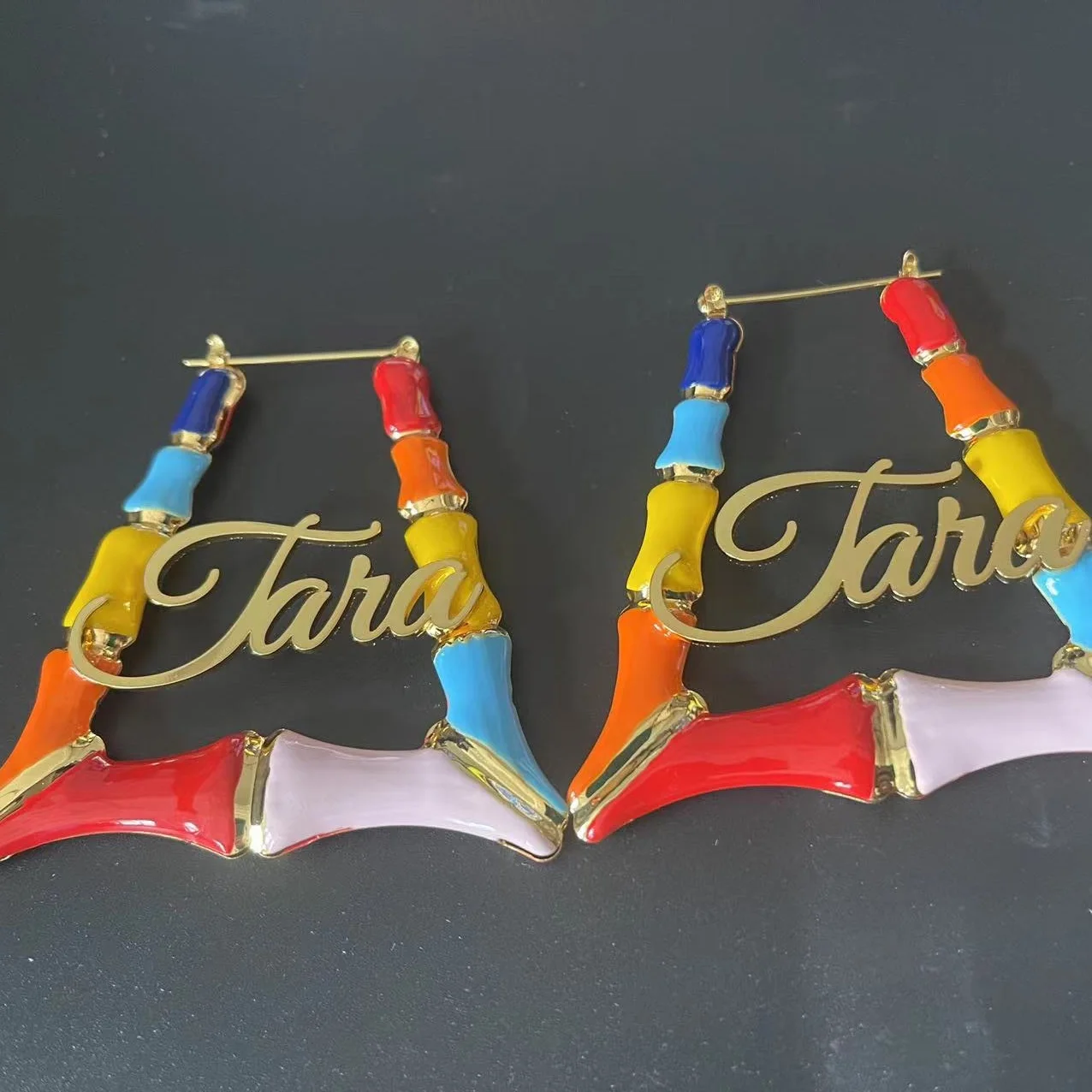 Personalized Bamboo Trapezoid Earrings Hoop Name Enamel Earrings Colorful Bamboo Earrings Color Oil Custom Name Earrings Women