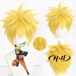ND Anime Cosplay Wig Uzumaki Cosplay Hair Yellow Short Fluffy Layered Hair Heat Resistant Synthetic Kanekalon Hair Wig for Party