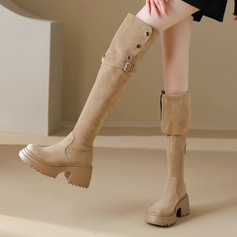 Elegant Women Boots Knee High Flock Autumn and Winter Fashion High Quality Paired with Dress Knight Boot Square Heel Women Shoes