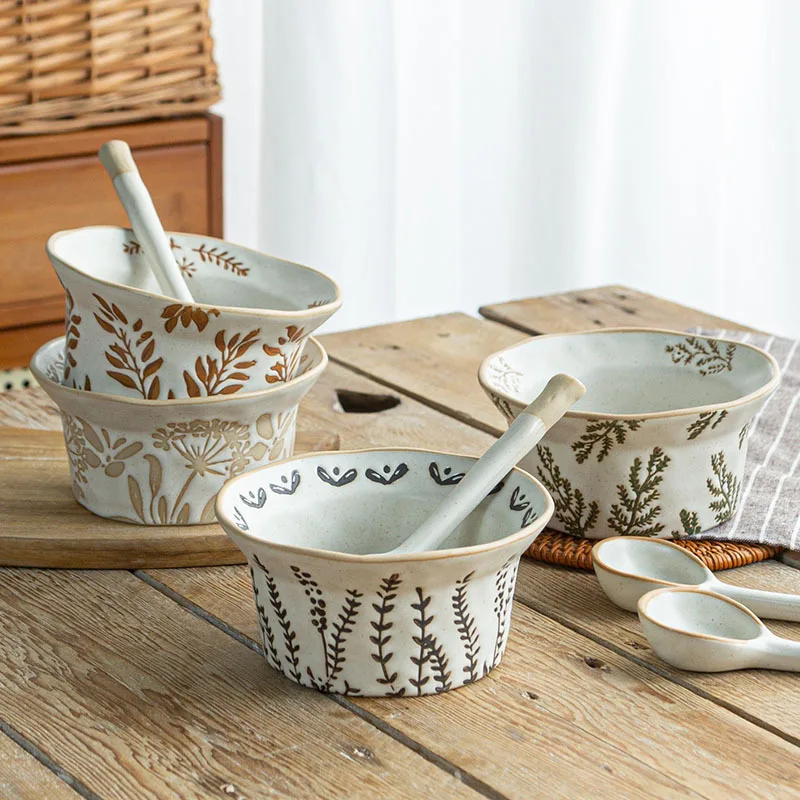 Japanese Light Luxury Ceramic Rice Bowl Handmade Retro Rustic Pottery Hat Bowl Chubby Spoon Salad Bowls Daily Dining Tableware