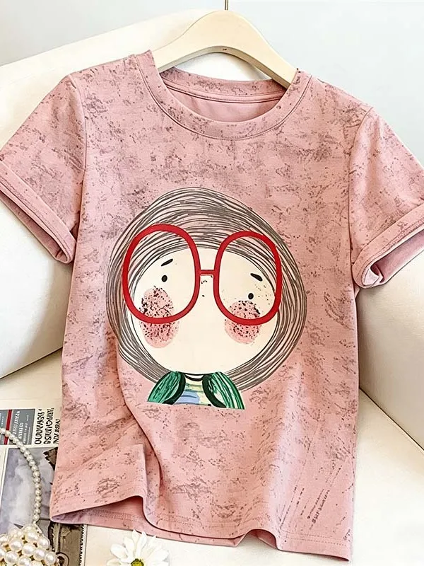 

Summer New plus Size T-Shirt Women's Fashionable Cute Cartoon Print Dyed Short Sleeve round Neck Casual Top for plus Size Ladies