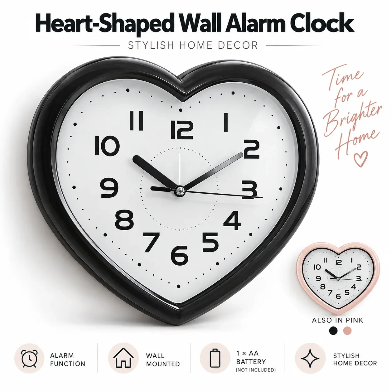 Orologio da parete a forma di cuore con funzione sveglia, orologio analogico al quarzo, numeri grandi e facilmente leggibili, orologio decorativo a batteria per camera da letto e casa.