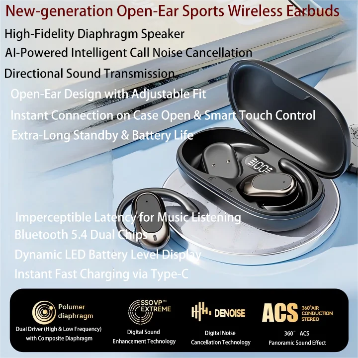 

JSS M57 Bluetooth-наушники с открытым ухом, стереозвук, светодиодный дисплей мощности, время воспроизведения 72 часа, водонепроницаемые, с шумоподавлением вызова HD