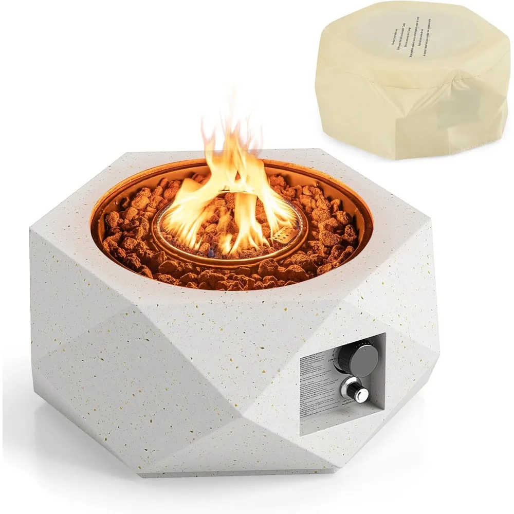 

Propane Fire Pit Table, 28” Hexagon Terrazzo Gas Fire Pit with Stainless Steel Burner & Lava Rocks, Protective Cover