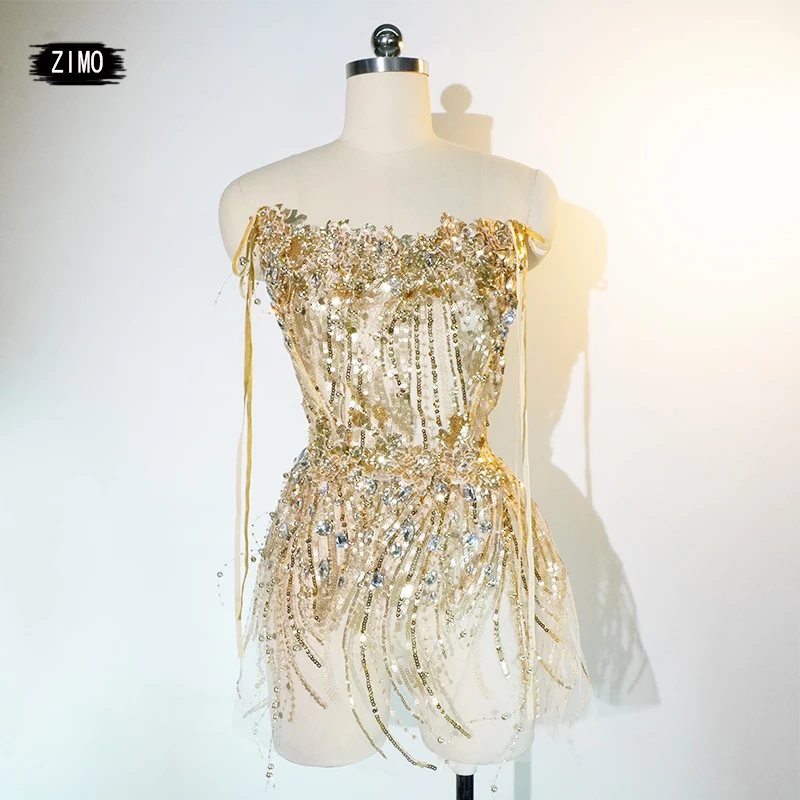 

Glittering Ladies Golden Sequined Tassel Transparent Sexy Suit Dress Birthday Party Nightclub Drag Queen Performance Outfit