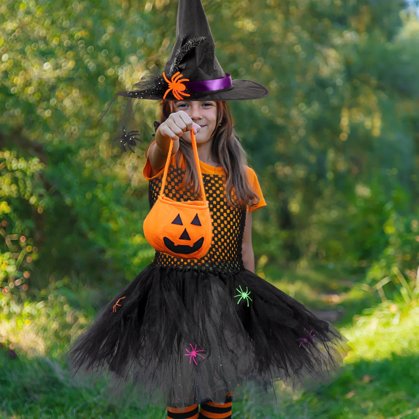 

1 set Girl Witch Dress Halloween Costume for Kids Lightweight Comfortable Party Outfit with Hat Stage Cosplay Dress for Little