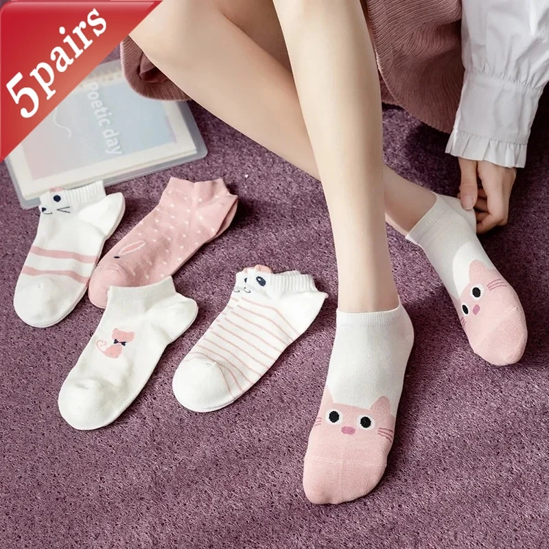 

5 Pairs Women's Socks Set Cartoon Kitty Kawaii Preppy Style Cute Ankle Socks Breathable High Quality Short Tube Socks For Girl