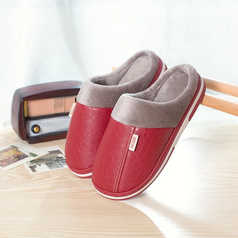 Zapatillas de piel sintética para hombre y mujer, zapatos de interior, impermeables, cálidos, para casa, de talla grande