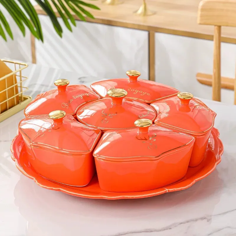 Candy plate rotating household ceramic grid living room coffee table dried fruit box snack nut candy placement