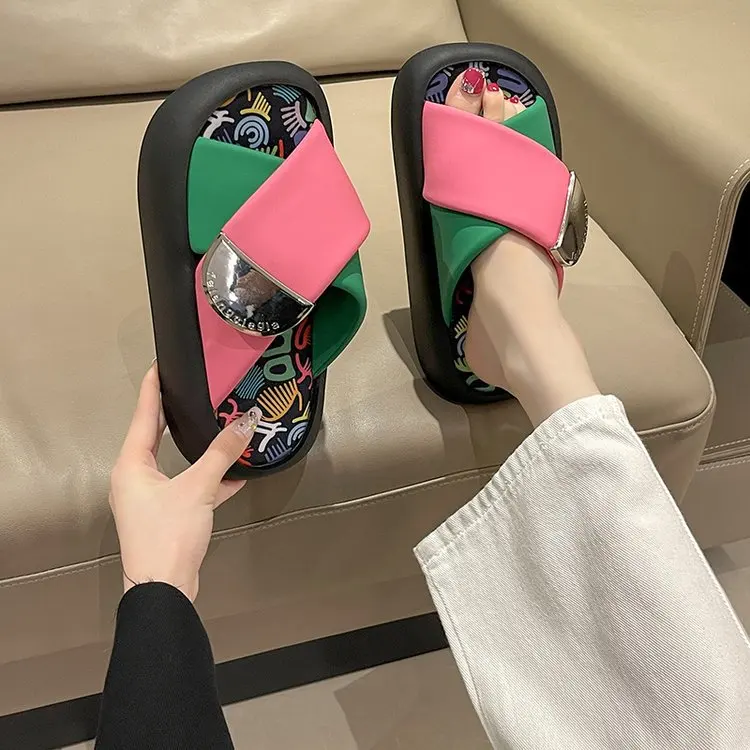 Shoes Cross-Tied Ladies\' Slippers Slipers Women Luxury Slides Low Platform Shale Female Beach Multicolored Sandals 2024 Designer