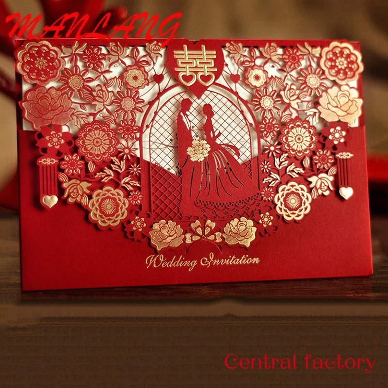 Custom  Hollow-out Handmade Laser Cut Wedding Invitations Fancy Invitation Greeting Cards Red Pocket Custom Bonus