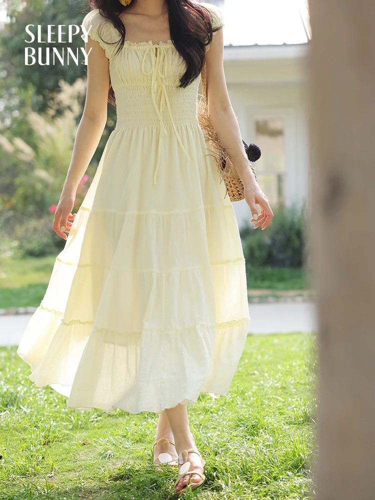 Verão estilo francês vestido de pescoço quadrado para mulheres doce plissado manga cintura alta em camadas bainha maxi vestido de verão fino ajuste saia fluida