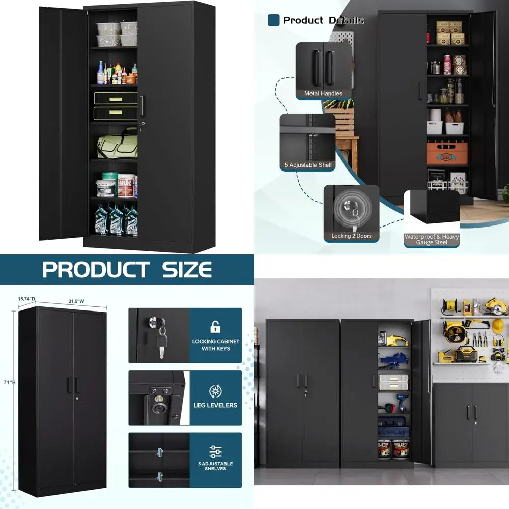 Lockable Steel Utility Cabinet with 5 Shelves for Garage Storage, 71 Tall Metal Tool Storage Cabinet with Doors