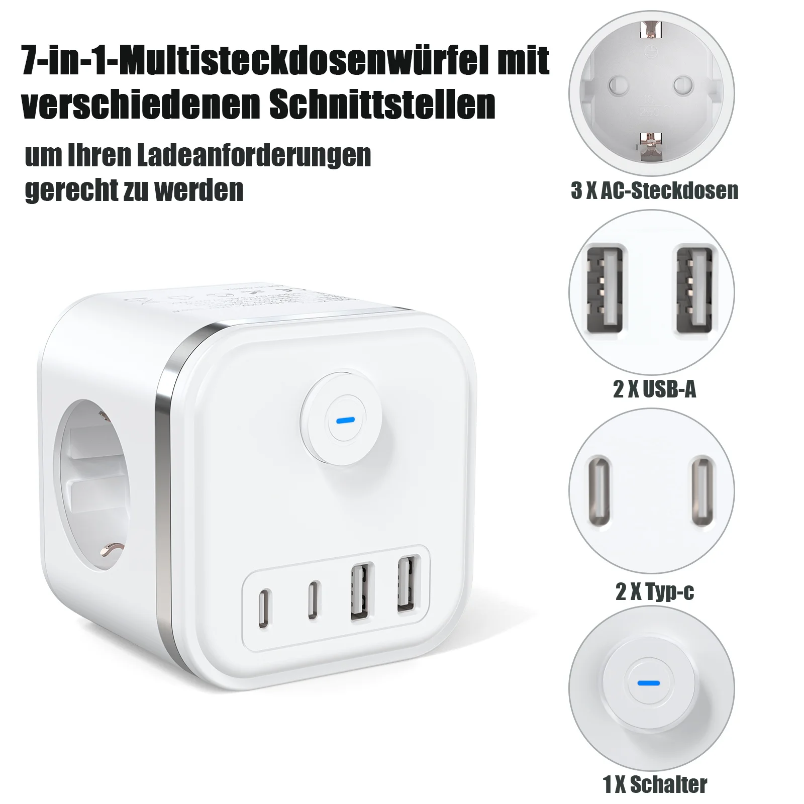 HITRENDS 7-in-1 Multi-functional Socket | 3AC + 2USB + 2Type-C Desktop Charging | Child Safety Door | Portable Travel Converter